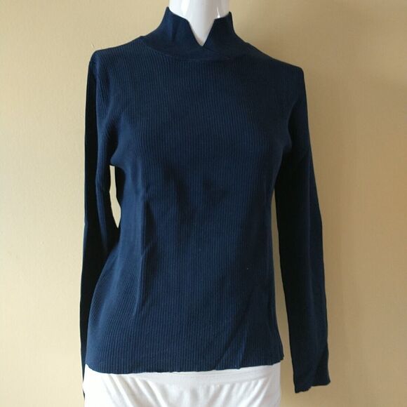 Coldwater Creek Top Sweater Womens M Blue Silk Blend Knit Mock Neck Long Sleeve - Picture 1 of 9
